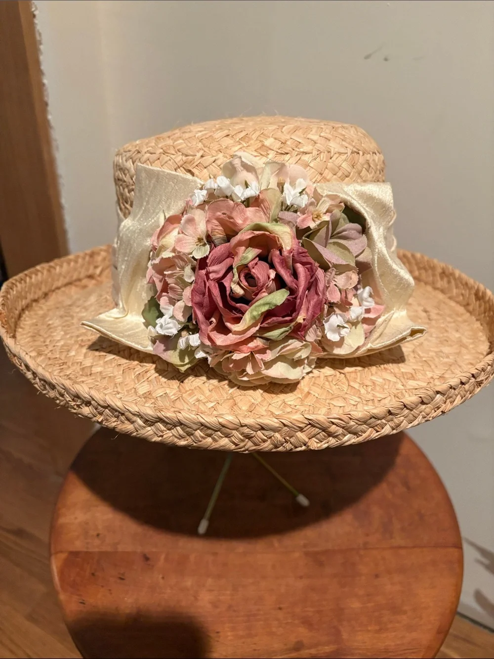 Straw Boater Hat with Pink Floral Accent
